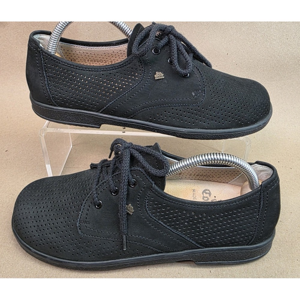 FINN COMFORT (Sz 38) Black Suede Walking Oxford Perforated Lace Up Women's
